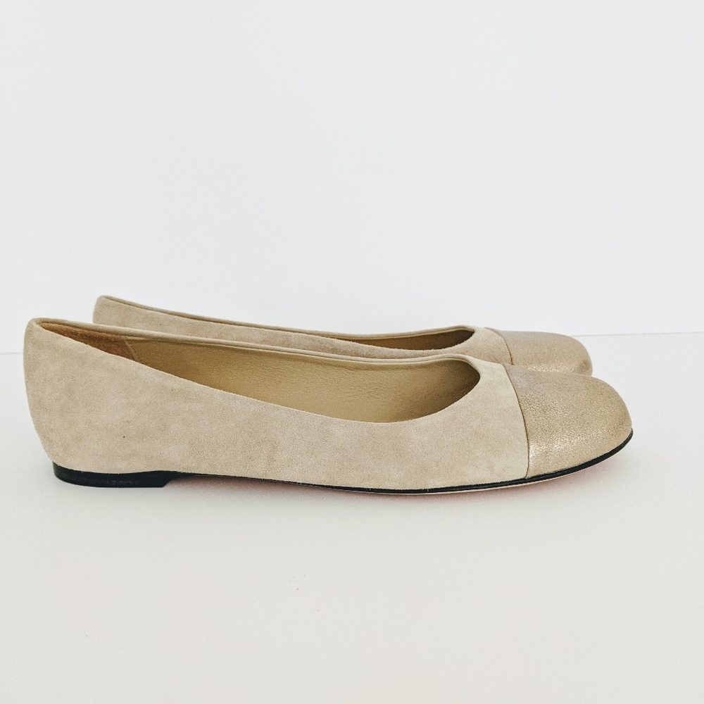 Garnet Hill Suede Gold Cap Toe Flats 8.5